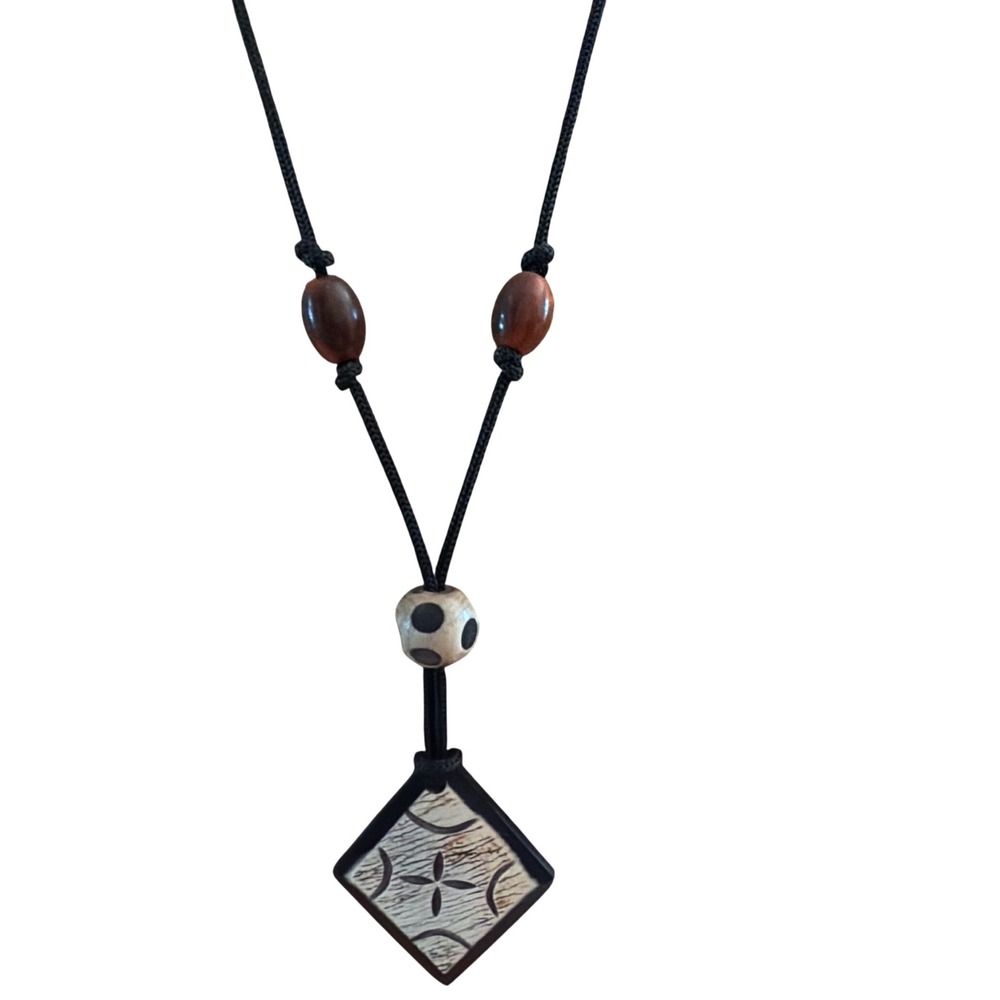 Handcrafted Tribal Geometric Carved Bone Wood Pendant Cord Necklace Black Long